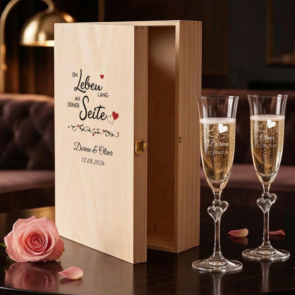 Personalisiertes Hochzeits-Sektgeschenk mit zwei gravierten L'amour-Gläsern ohne Flasche
