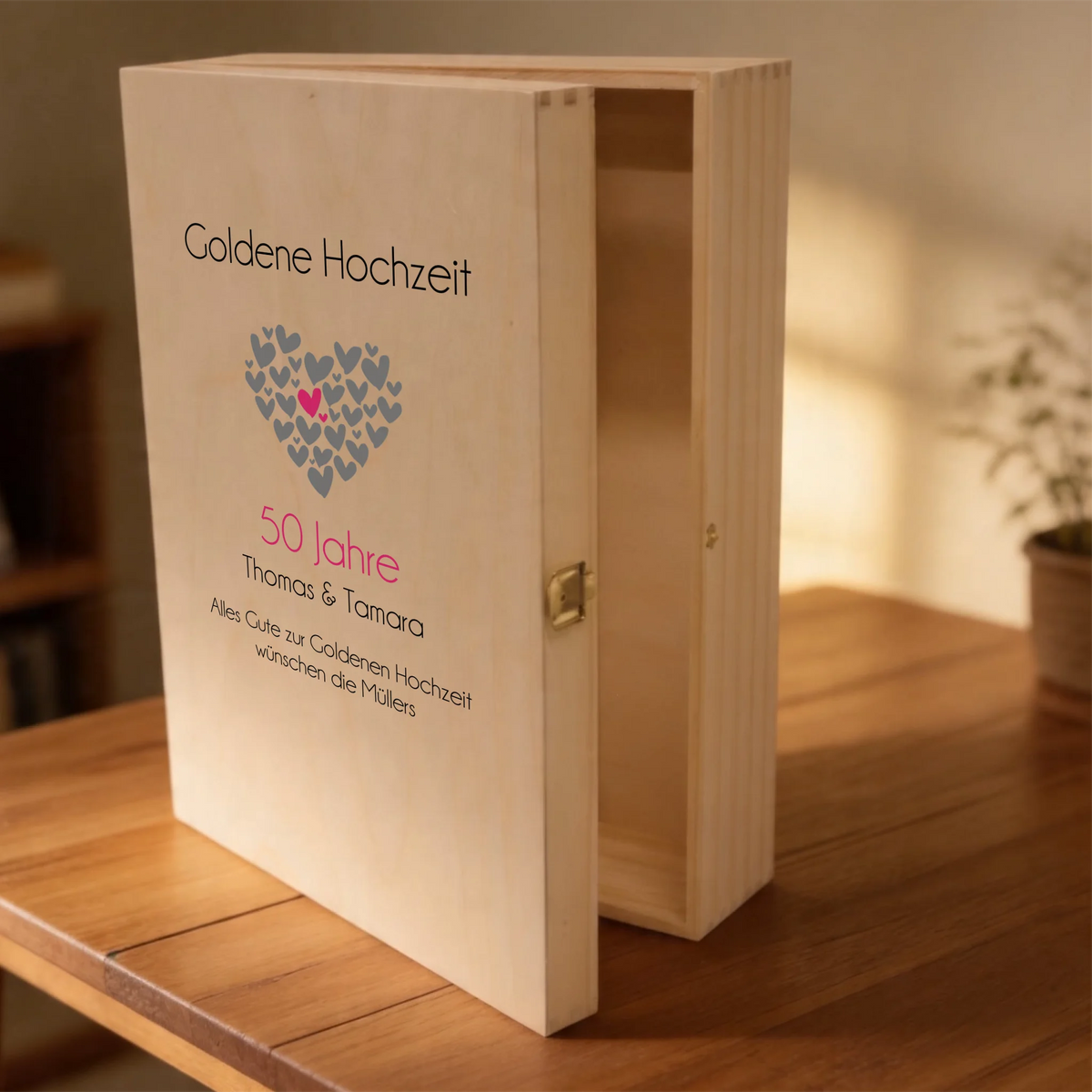Personalisierte, individuell bedruckte Holzkiste des Sektgeschenks zur Goldenen & Silberhochzeit