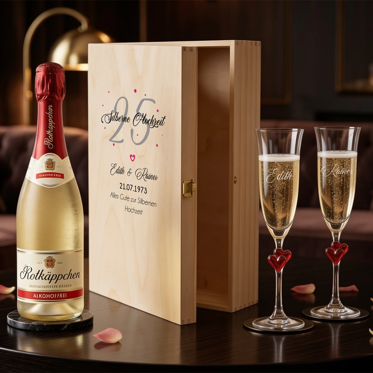 Personalisiertes Jubiläums-Set mit zwei individuell gravierten L'amour-Sektgläsern und Flasche