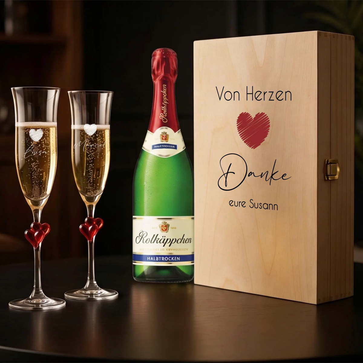 Zwei individuell gravierte L'amour-Sektgläser im personalisierten Dankeschön-Geschenkset