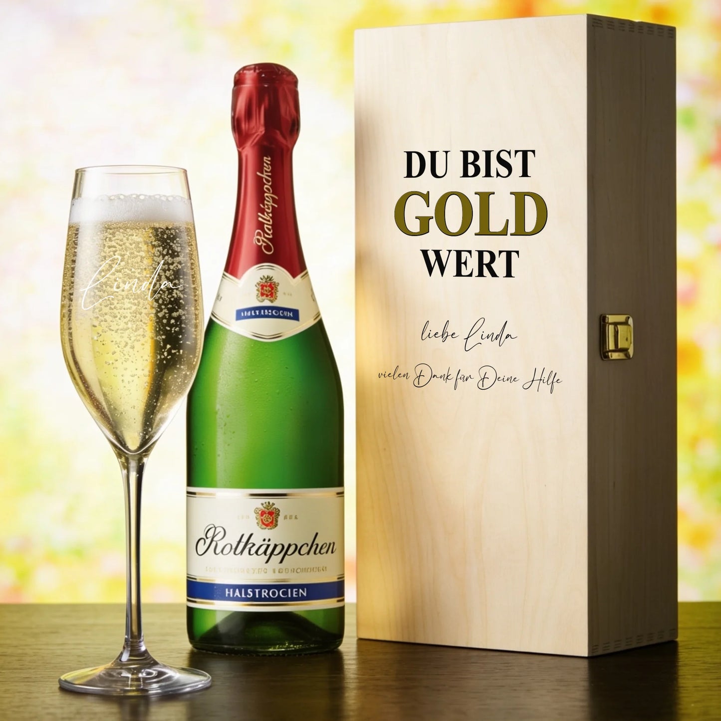 Individuell graviertes Sektglas „Du bist Gold wert“ im personalisierten Dankeschön-Geschenkset