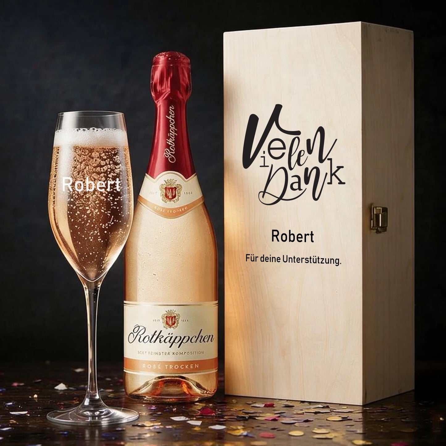 Personalisiertes Sektgeschenk als Dankeschön – individuell graviertes Sektglas in bedruckter Holzbox