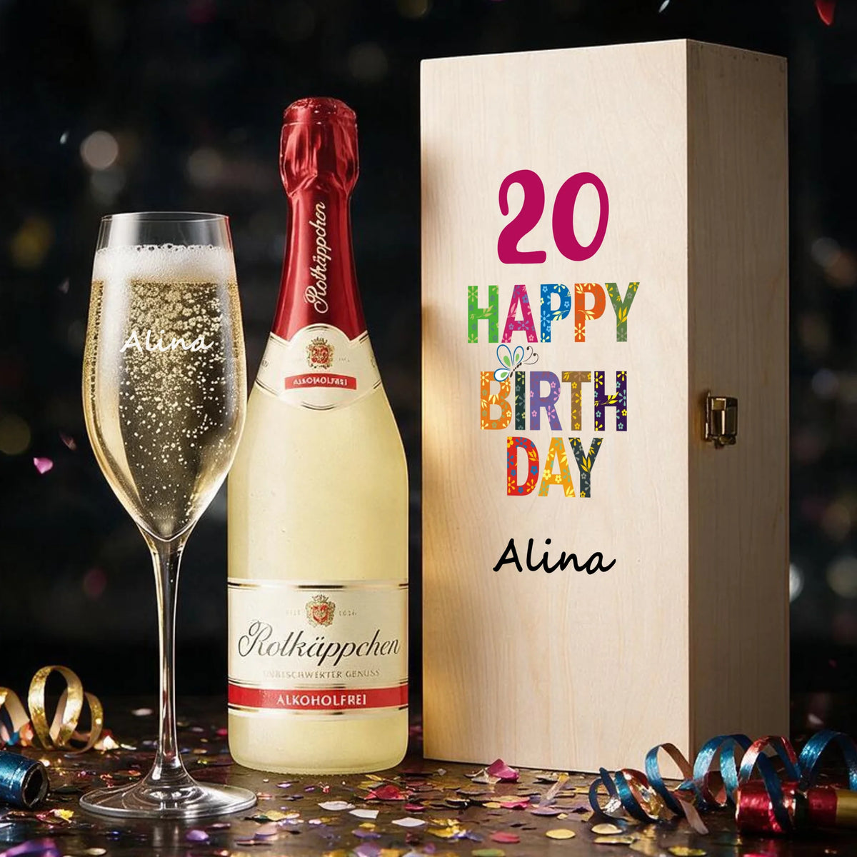 Personalisiertes Sektgeschenk zum Geburtstag – individuell graviertes Sektglas in bedruckter Holzbox