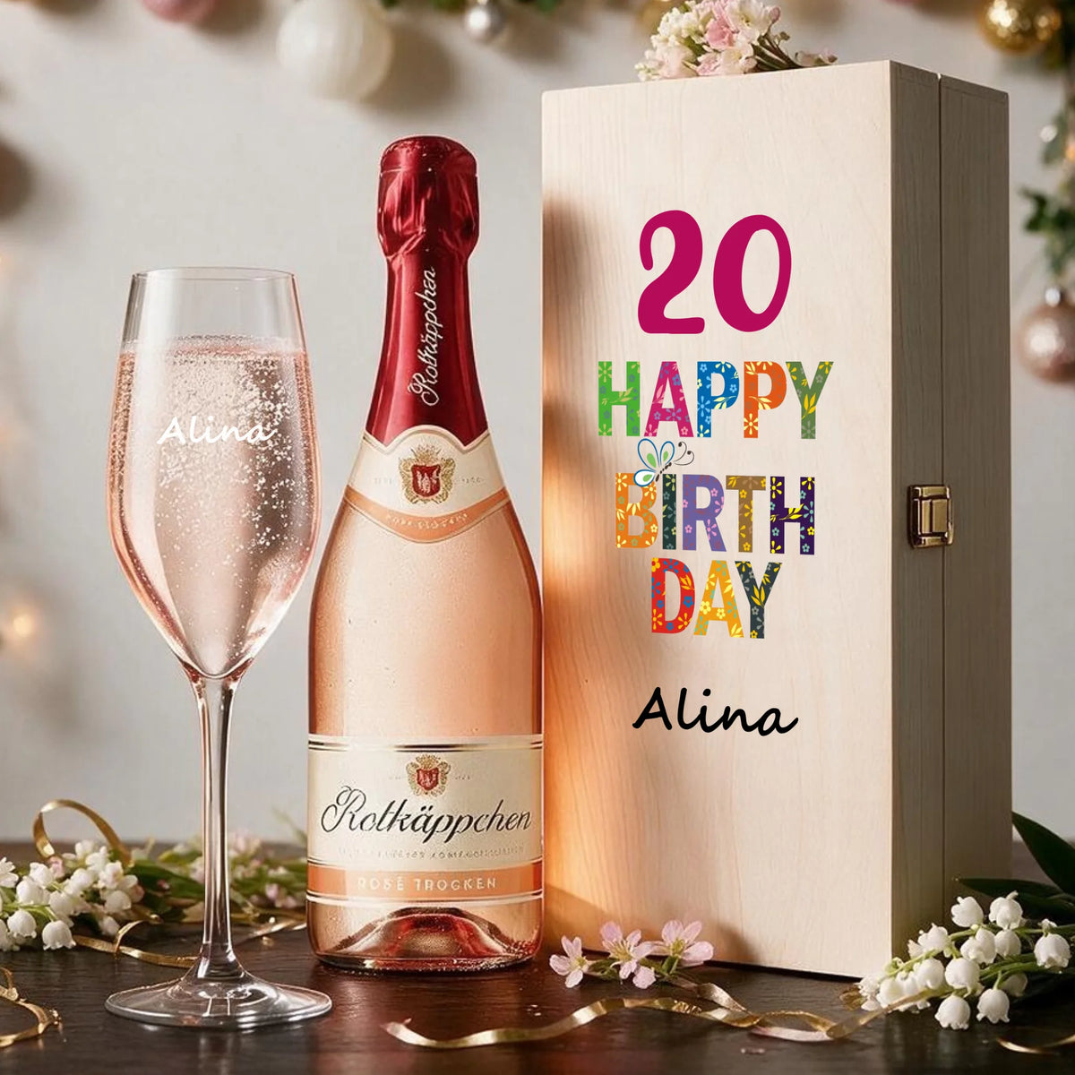 Personalisiertes Sektglas mit individueller Gravur zum Geburtstag in edler Holzbox
