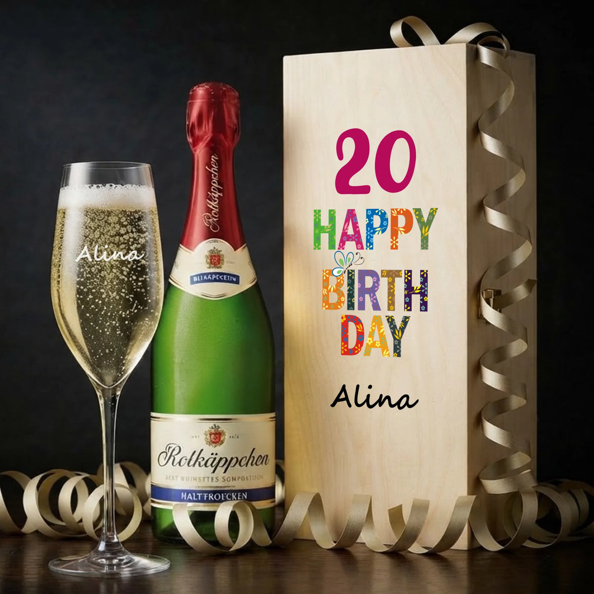 Individuell graviertes Sektglas mit Wunschnamen als personalisiertes Geburtstagsgeschenk