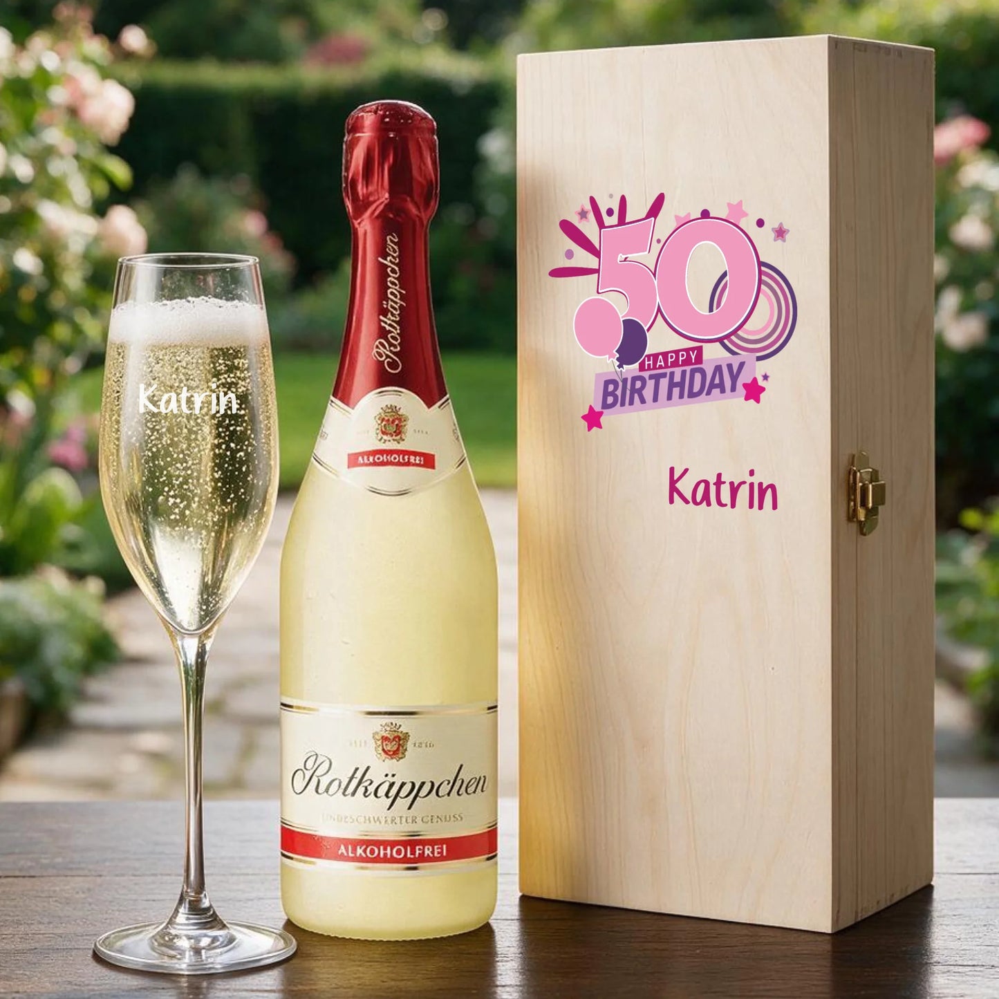 Individuell graviertes Sektglas mit Wunschtext als personalisiertes Geschenk zum 50. Geburtstag