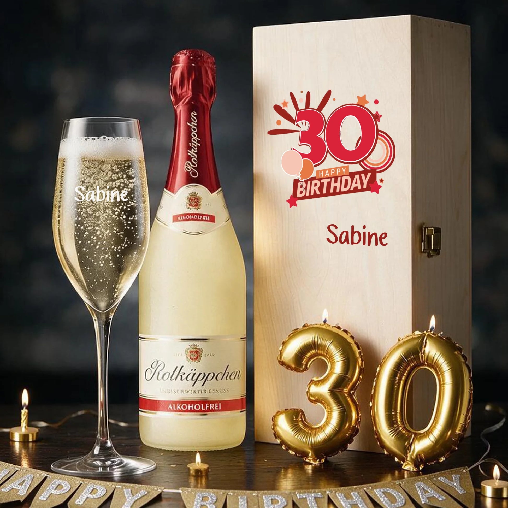 Personalisiertes Sektgeschenk zum 30. Geburtstag – individuell graviertes Sektglas in bedruckter Holzbox