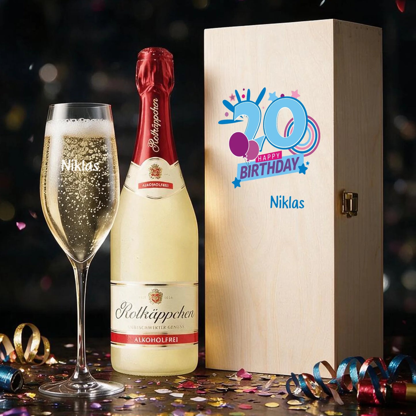 Personalisiertes Sektgeschenk zum 20. Geburtstag – individuell graviertes Sektglas in bedruckter Holzbox