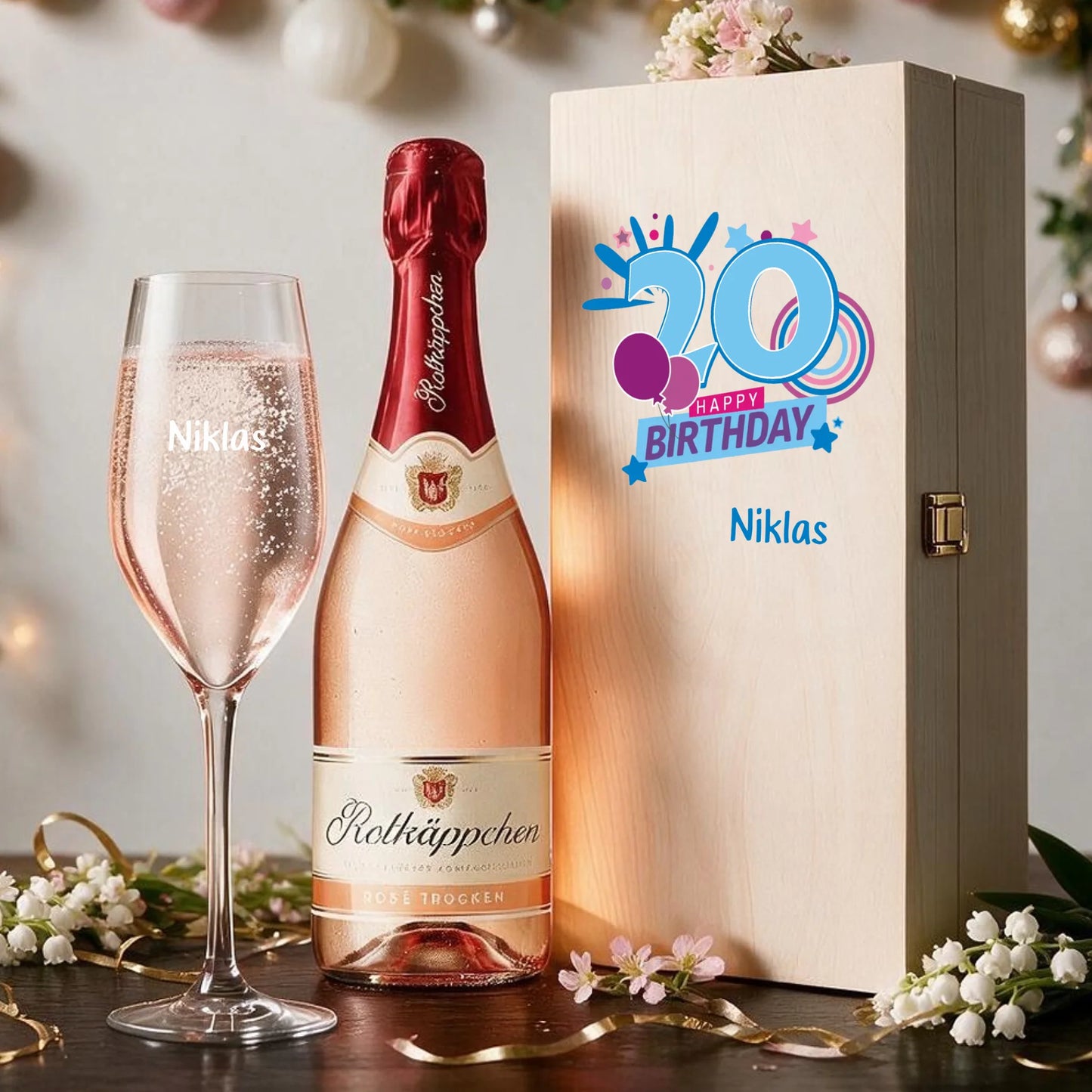 Personalisiertes Sektglas mit individueller Gravur zum 20. Geburtstag in edler Holzbox