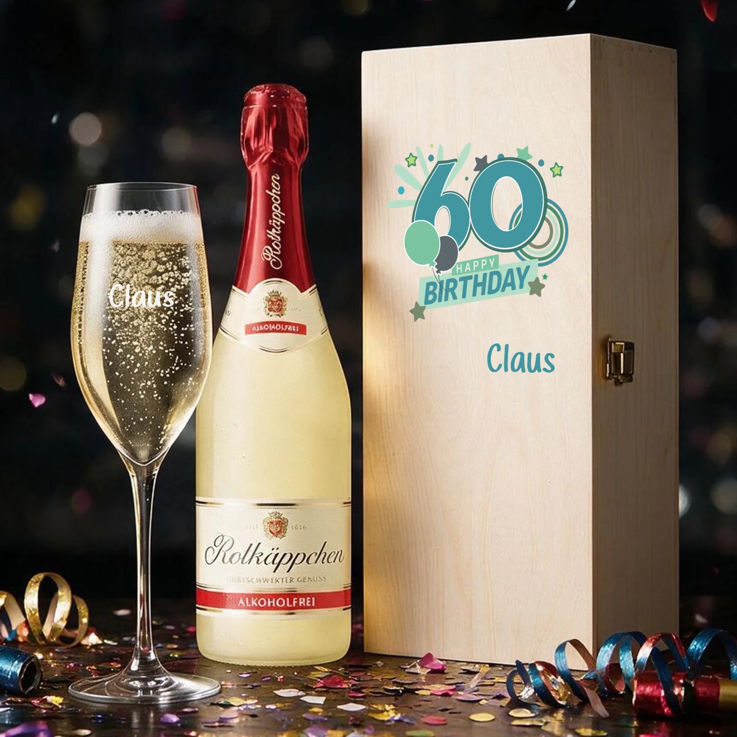 Personalisiertes Sektgeschenk zum 60. Geburtstag – individuell graviertes Sektglas in bedruckter Holzbox