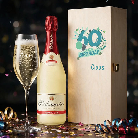 Personalisiertes Sektgeschenk zum 60. Geburtstag – individuell graviertes Sektglas in bedruckter Holzbox