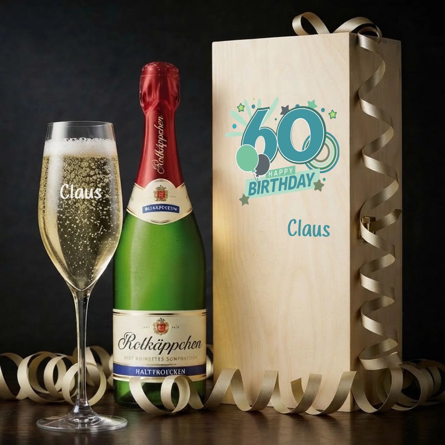 Individuell graviertes Sektglas mit Wunschtext als personalisiertes Geschenk zum 60. Geburtstag