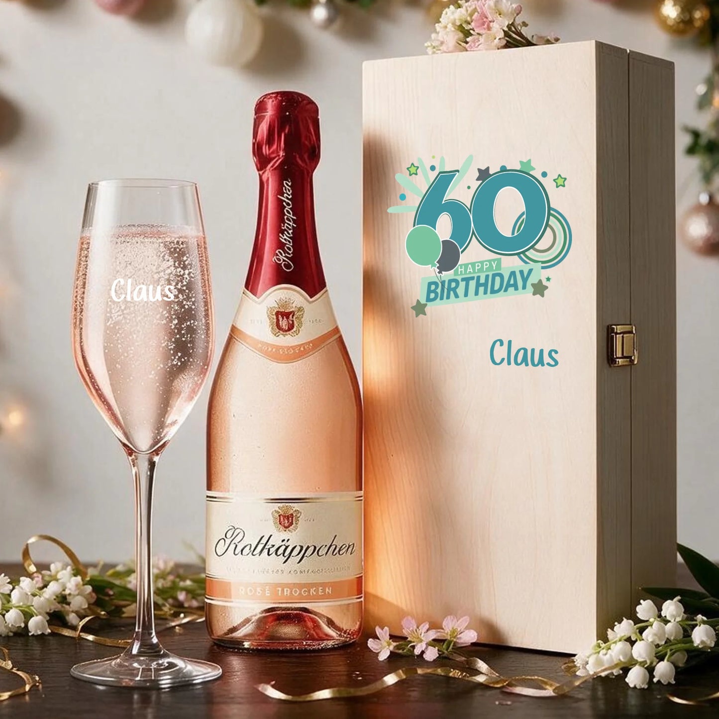 Personalisiertes Sektglas mit individueller Gravur zum 60. Geburtstag in edler Holzbox