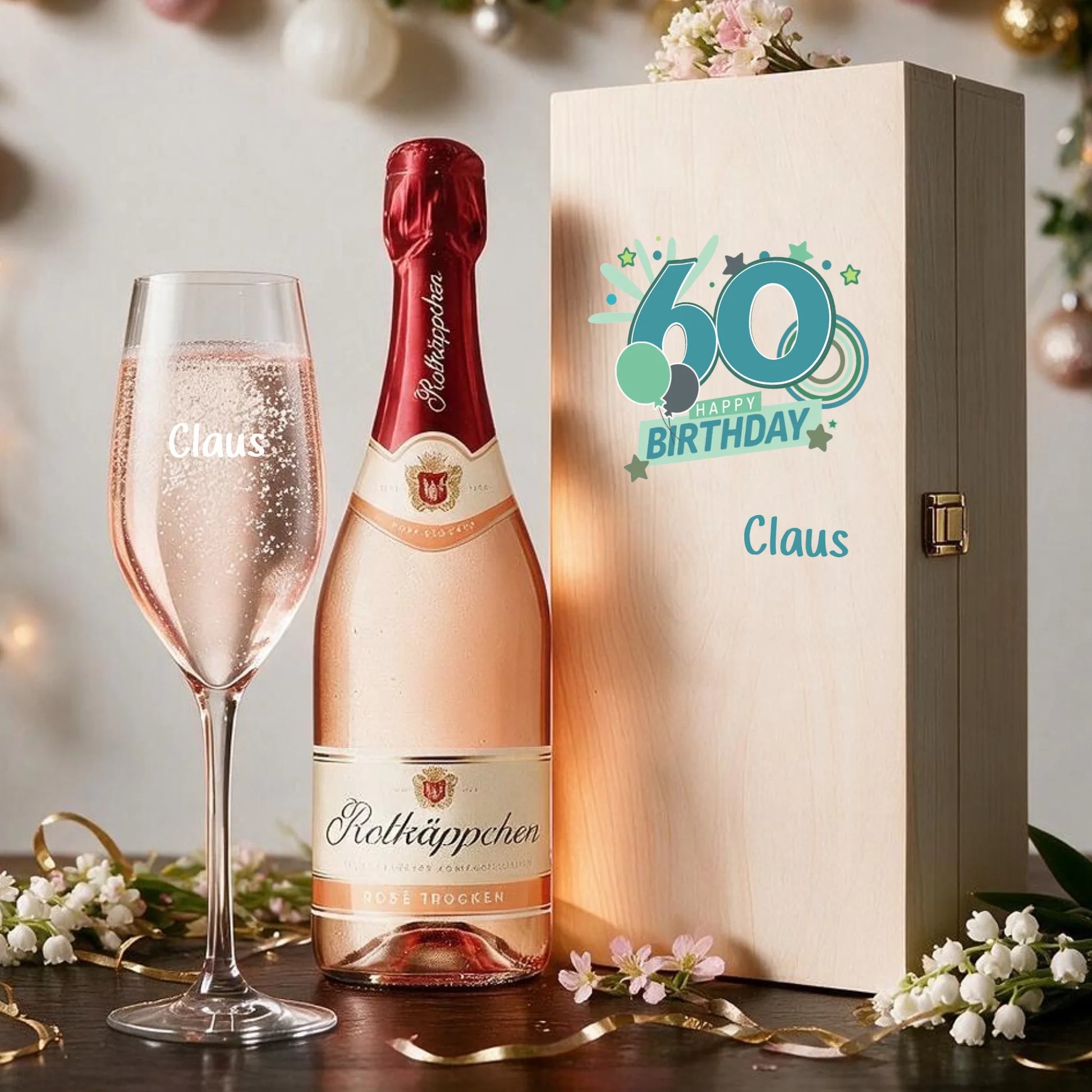 Personalisiertes Sektglas mit individueller Gravur zum 60. Geburtstag in edler Holzbox
