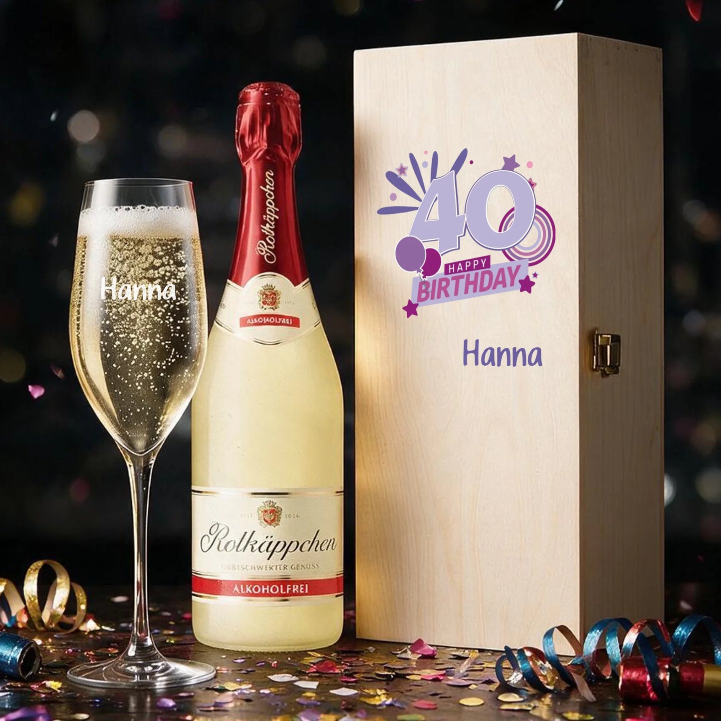 Personalisiertes Sektgeschenk zum 40. Geburtstag – individuell graviertes Sektglas in bedruckter Holzbox