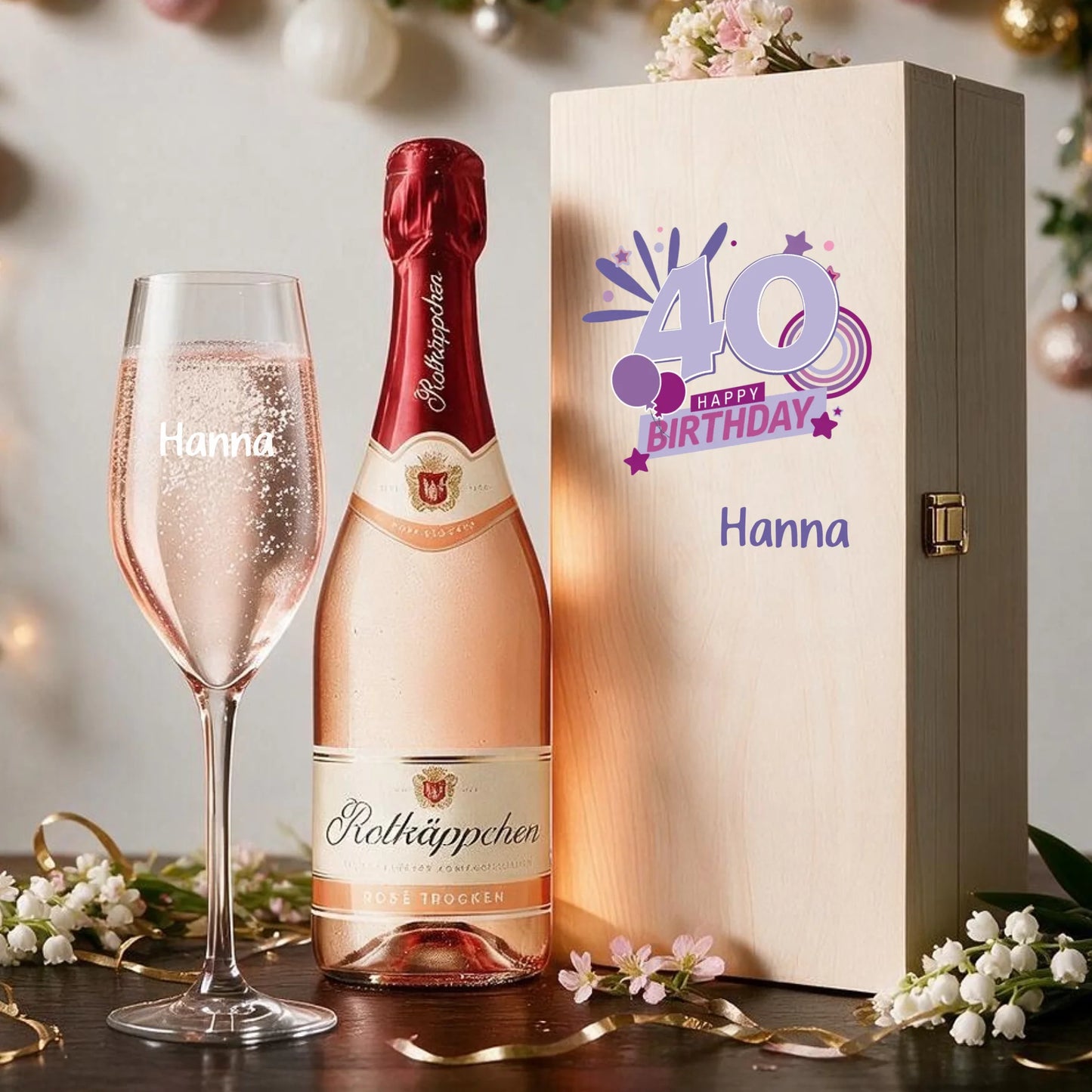 Personalisiertes Sektglas mit individueller Gravur zum 40. Geburtstag in edler Holzbox