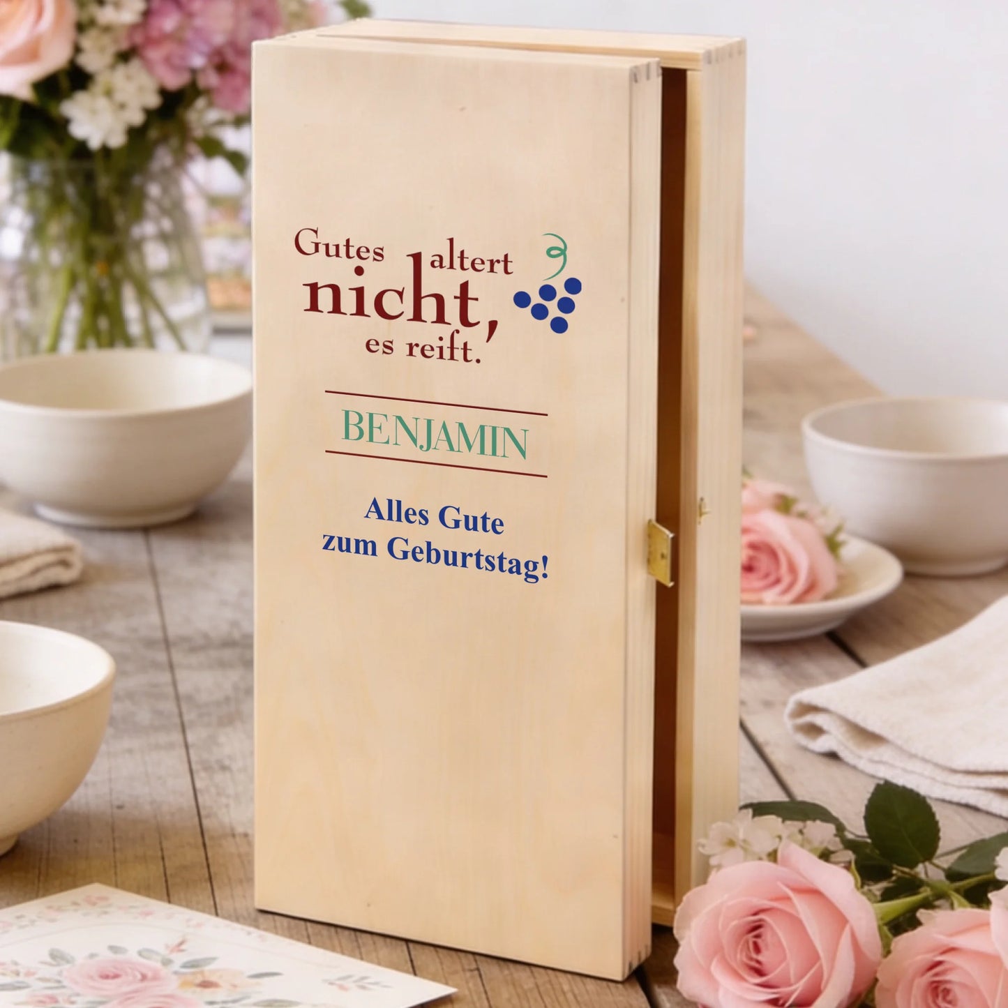 Personalisierte, individuell bedruckte Holzbox des Geburtstags-Sektgeschenks