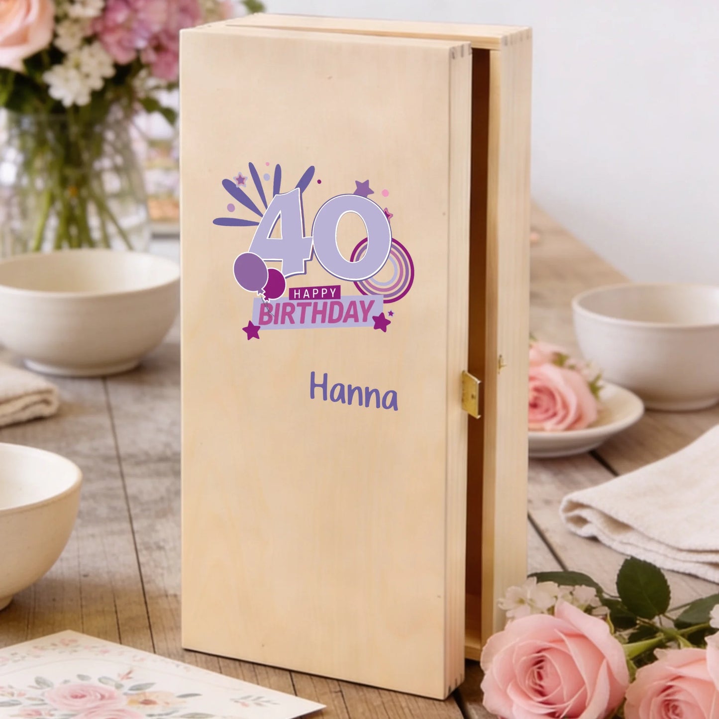 Personalisierte, individuell bedruckte Holzbox des Sektgeschenks zum 40. Geburtstag