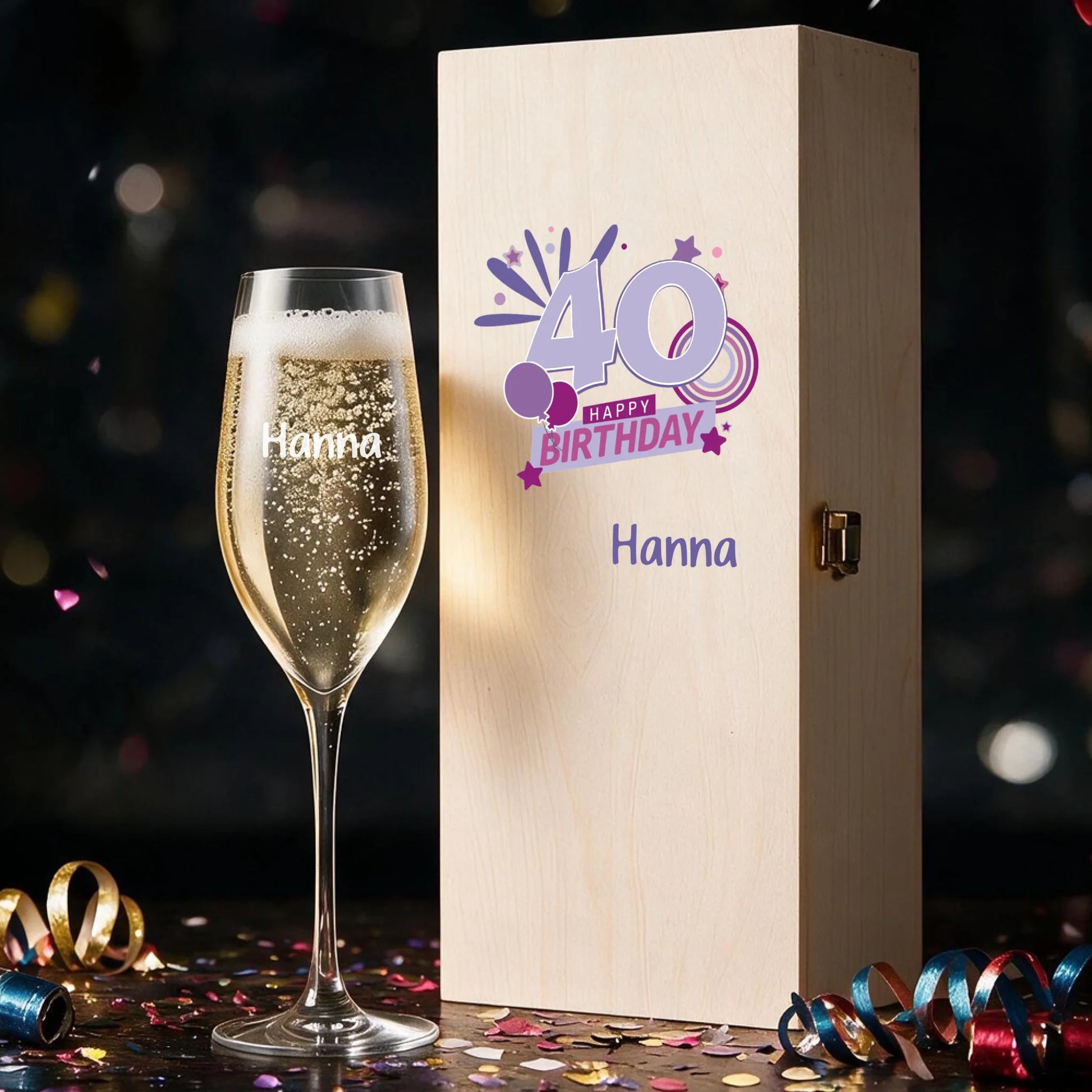 Edle Holzbox mit individuell graviertem Sektglas als personalisiertes Geschenk zum 40. Geburtstag