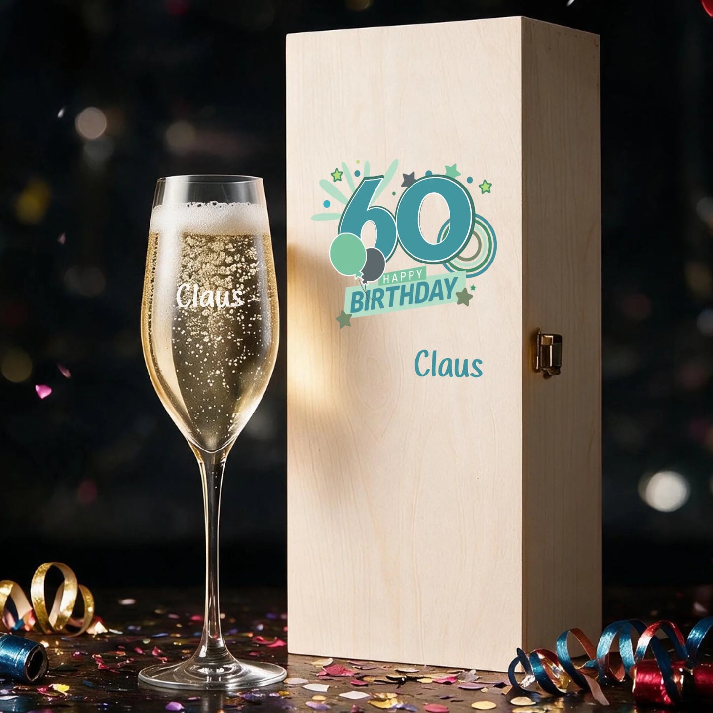 Edle Holzbox mit individuell graviertem Sektglas als personalisiertes Geschenk zum 60. Geburtstag