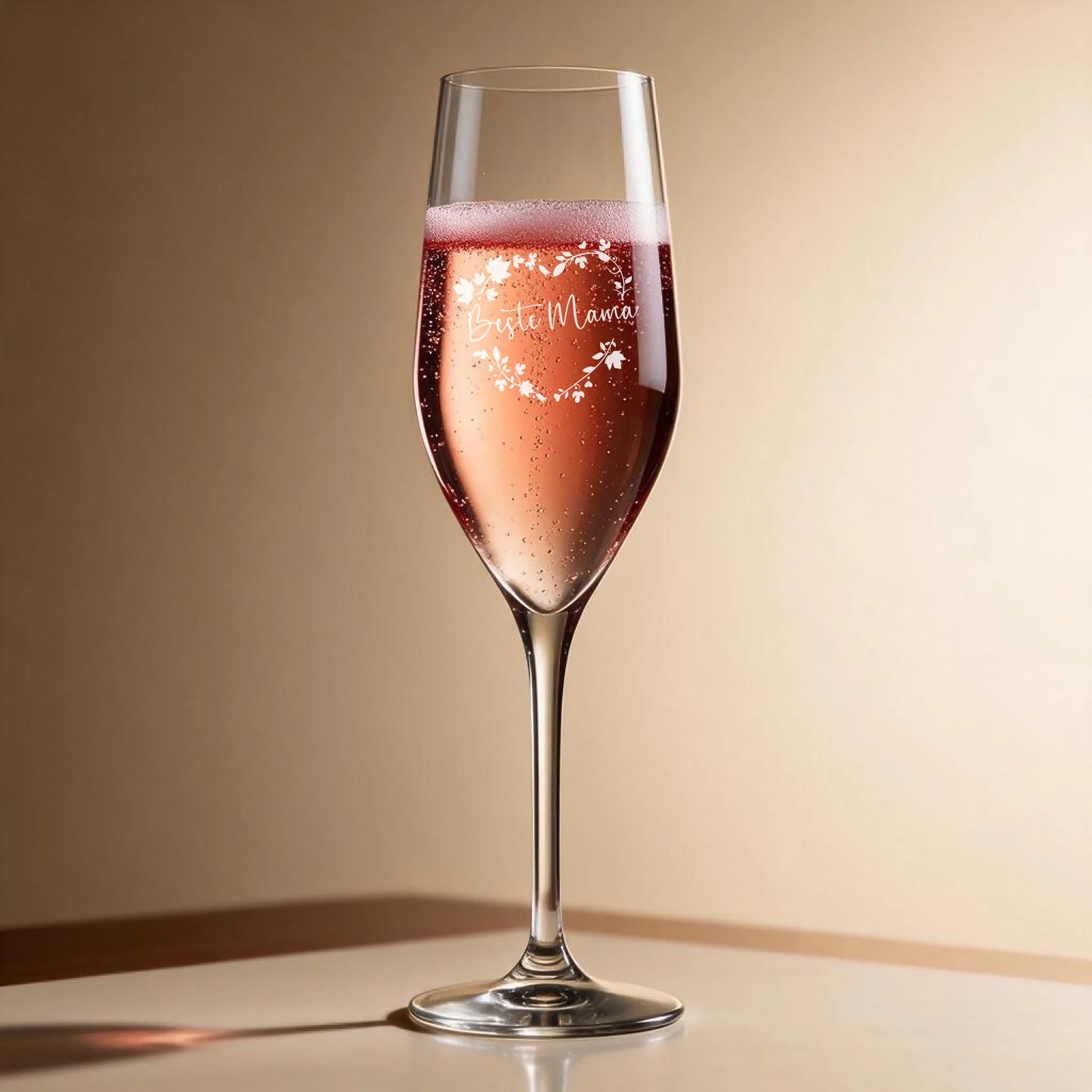 Individuell graviertes Sektglas mit Rosé-Sekt als personalisiertes Muttertagsgeschenk