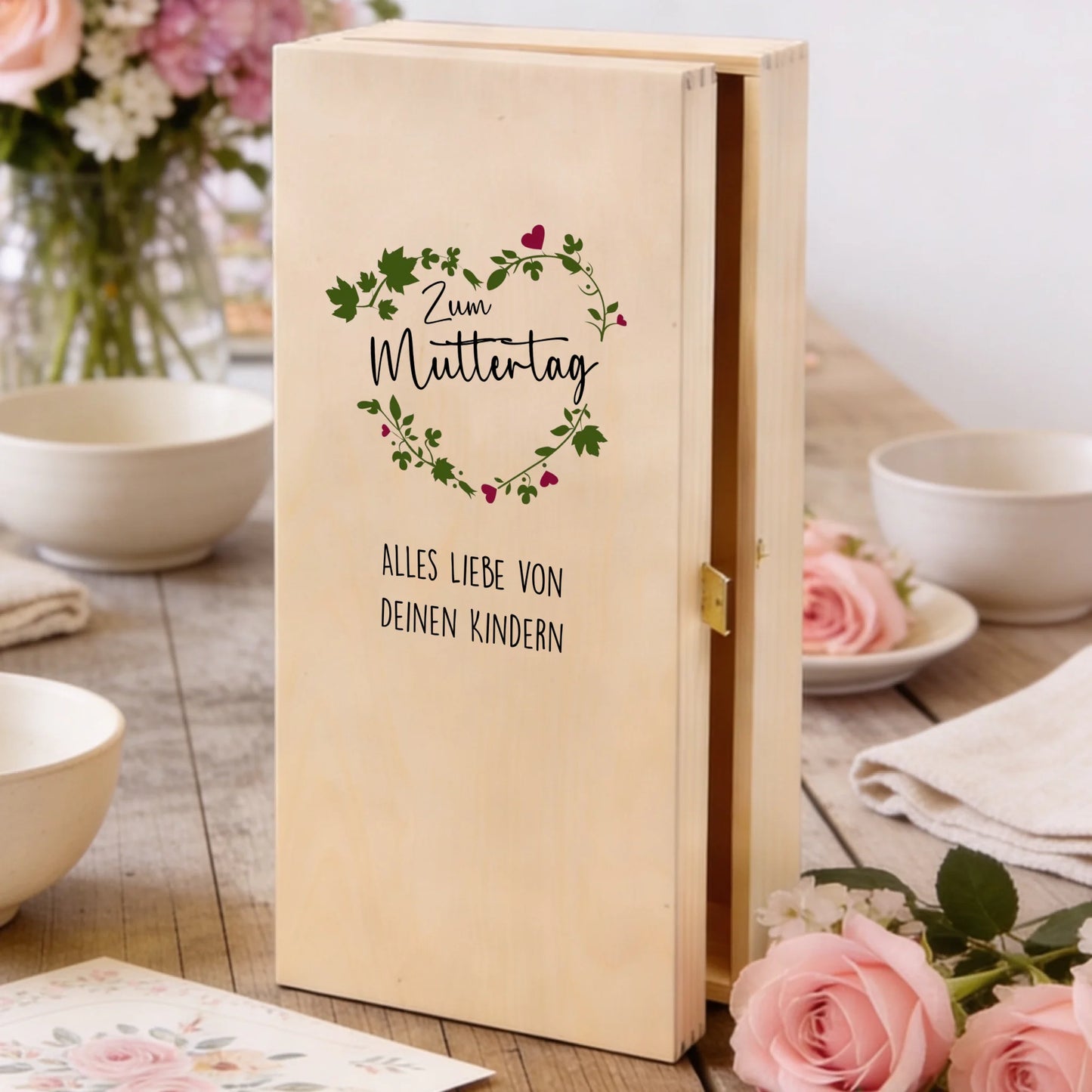 Personalisierte, individuell bedruckte Holzbox des Muttertags-Sektgeschenks