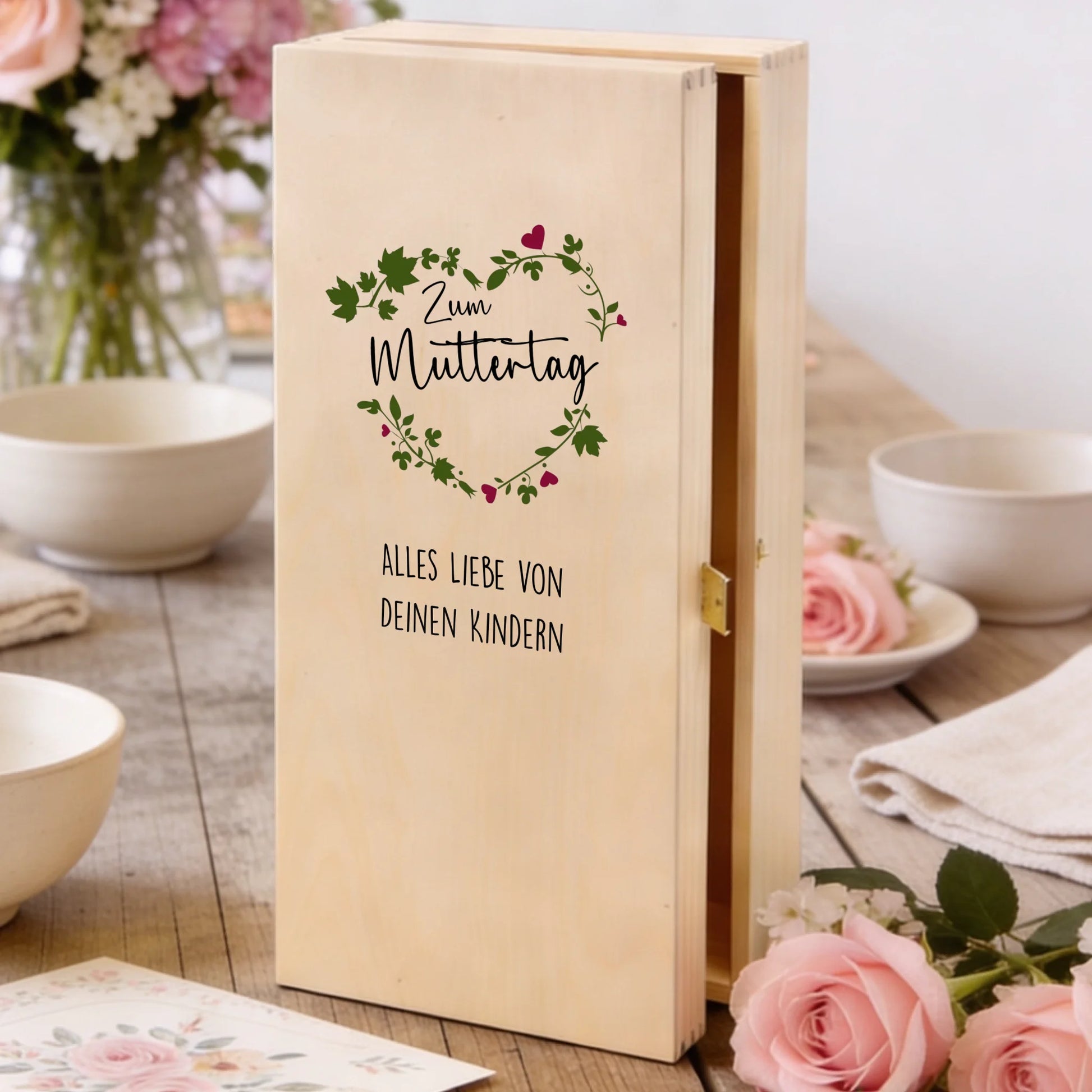 Personalisierte, individuell bedruckte Holzbox des Muttertags-Sektgeschenks