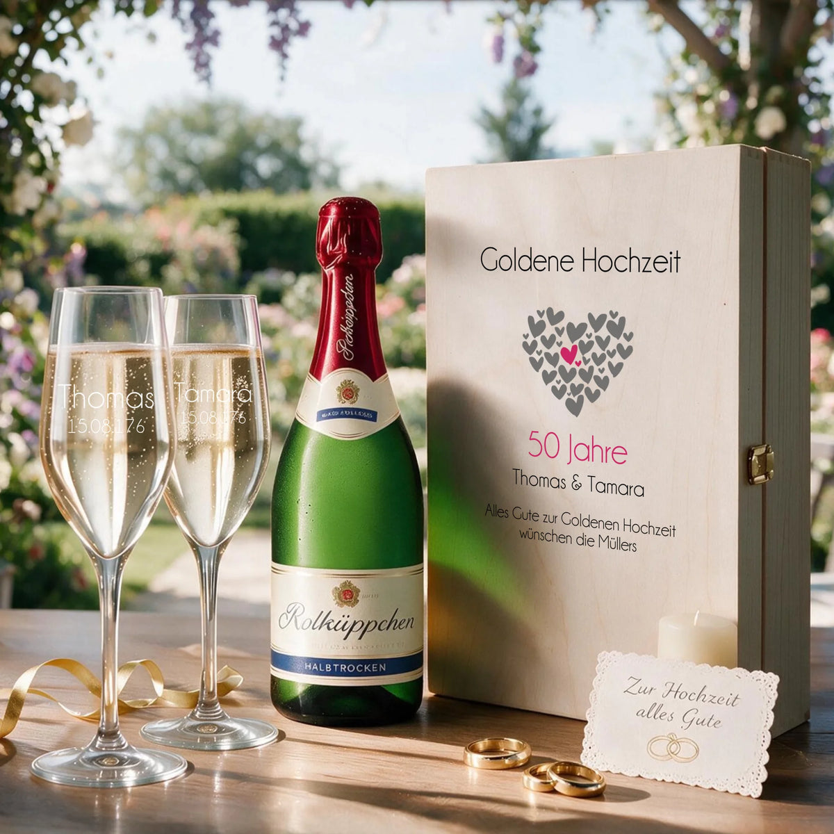 Zwei individuell gravierte Sektgläser mit Wunschtext als personalisiertes Geschenk zum Hochzeitsjubiläum