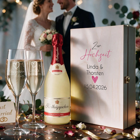 Personalisiertes Sektgeschenk zur Hochzeit – zwei individuell gravierte Sektgläser mit Rotkäppchen Sekt in Holzbox