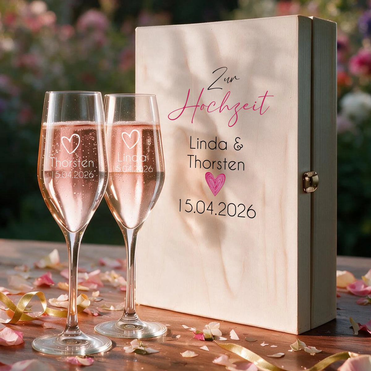 Zwei individuell gravierte Sektgläser im personalisierten Geschenkset zur Hochzeit
