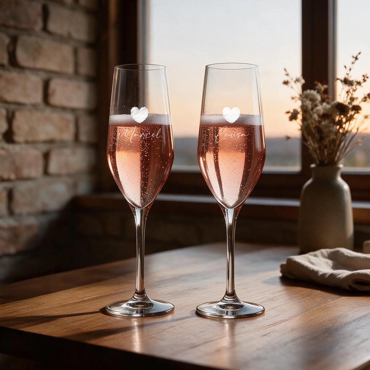 Zwei individuell gravierte Sektgläser mit Sekt als personalisiertes Dankeschön-Geschenk