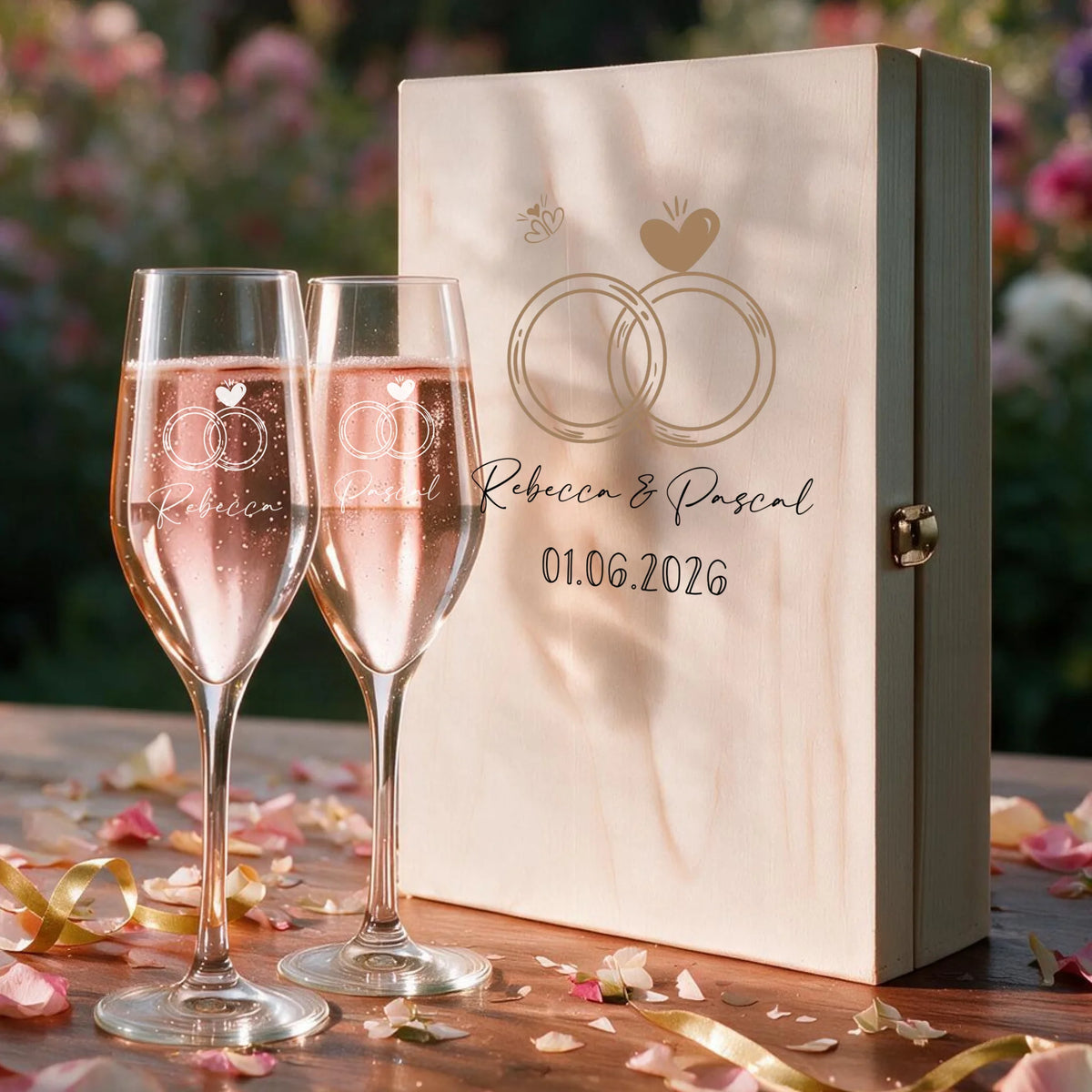 Zwei individuell gravierte Sektgläser im personalisierten Geschenkset zur Hochzeit
