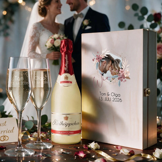 Personalisiertes Sektgeschenk zur Hochzeit mit eigenem Foto – zwei individuell gravierte Sektgläser in Holzbox