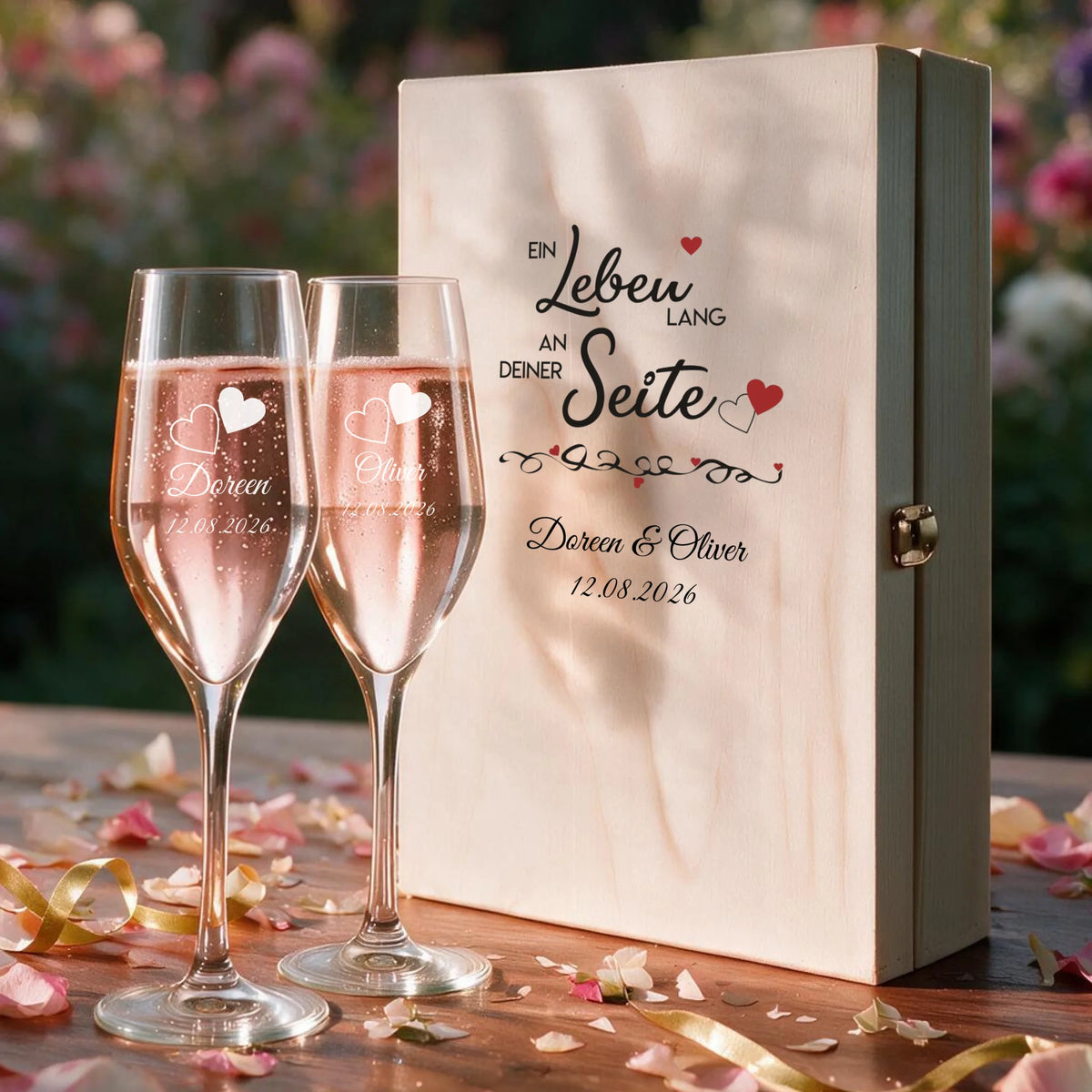 Zwei individuell gravierte Sektgläser im personalisierten Geschenkset zur Hochzeit