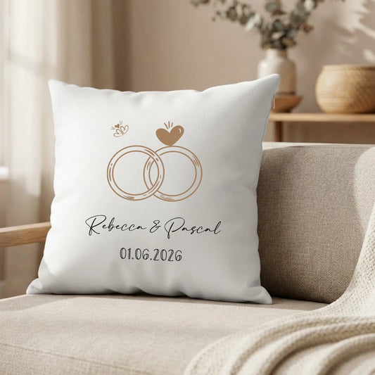 Hochzeitskissen mit modernem Ringmotiv, Wunschnamen und Hochzeitsdatum