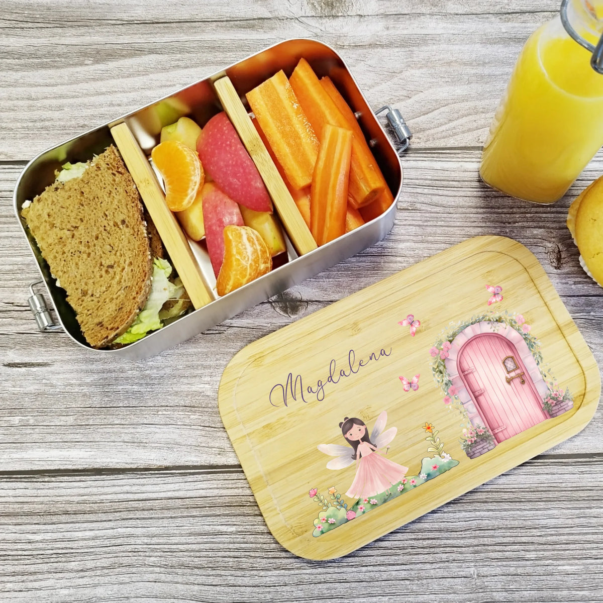 Zauberhafte Lunchbox | Brotdose Edelstahl für Mädchen mit Fee und Namen bedruckt