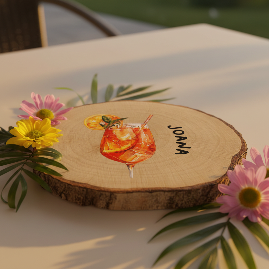 Individuell bedruckter Untersetzer aus Holz mit Namen für deinen Aperol