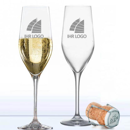 Sektgläser / Champagnergläser Set mit 3er Holzkiste und Gravur deines Logos / Designs