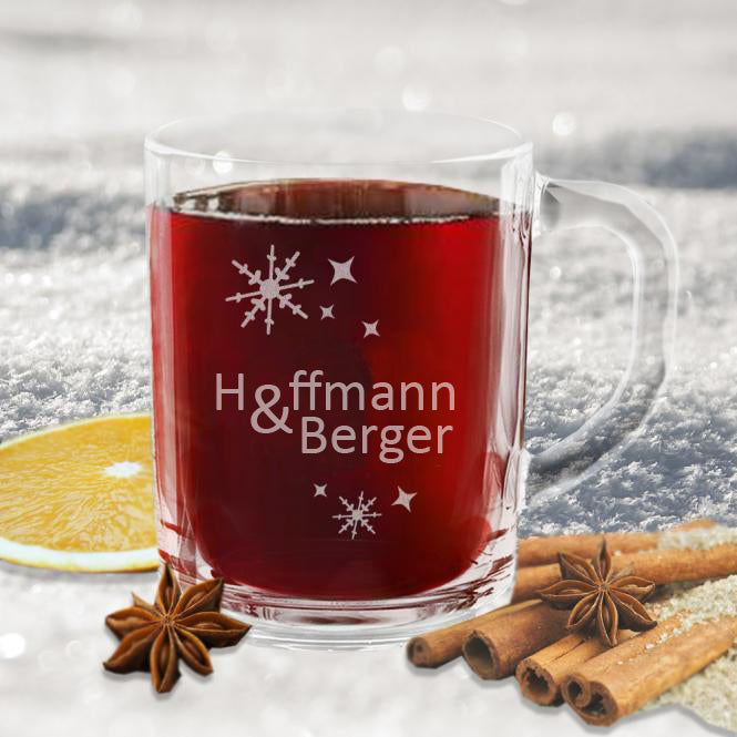 Glühweinbecher / Glühweintasse "Schneeflocke" mit Gravur deines Logos / Designs