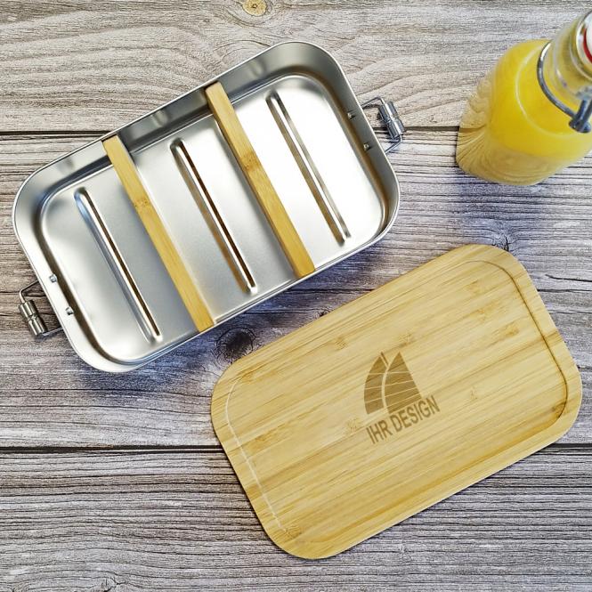 Lunchbox / Brotdose Edelstahl / Bambus mit Gravur deines Logos / Designs