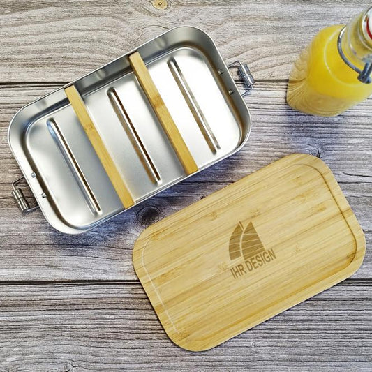 Lunchbox / Brotdose Edelstahl / Bambus mit Gravur deines Logos / Designs