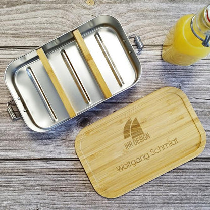 Lunchbox / Brotdose Edelstahl / Bambus mit Gravur deines Logos / Designs