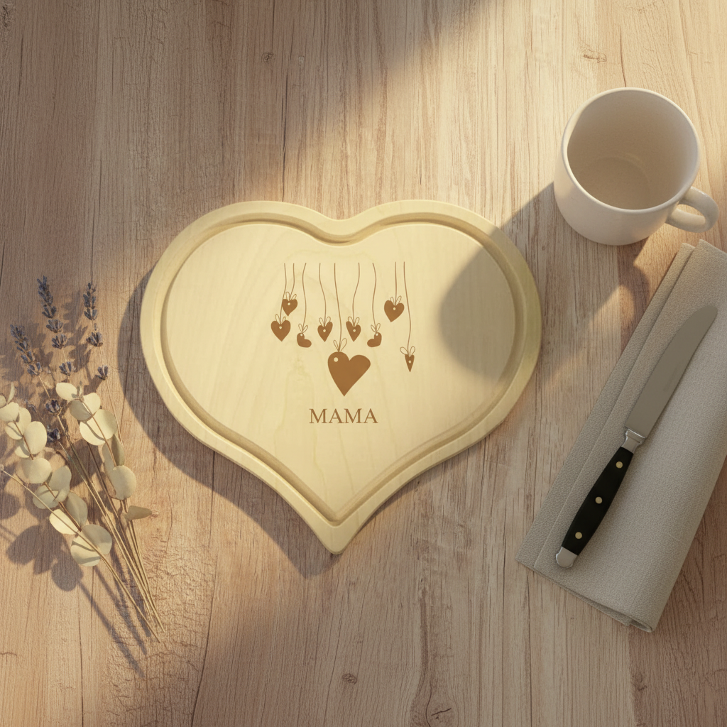 Frühstücksbrett aus Holz mit Herzen und deinem Namen graviert