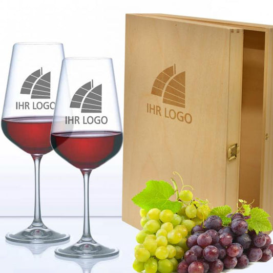 Rotwein-/ Weißwein-Geschenkset mit 3er Holzkiste und Gravur deines Logos / Designs