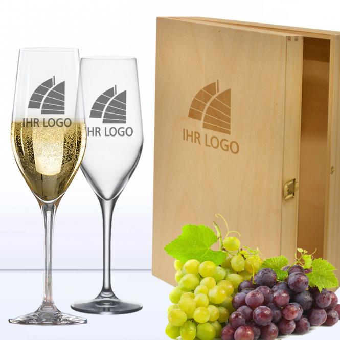 Sektgläser / Champagnergläser Set mit 3er Holzkiste und Gravur deines Logos / Designs
