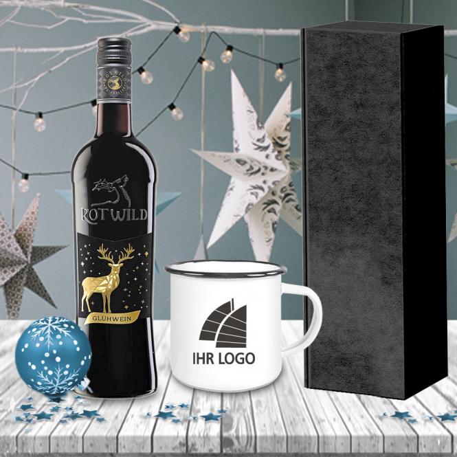 Glühwein-Geschenk-Set mit Emailletasse und Fotodruck deines Logos / Designs