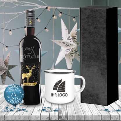 Glühwein-Geschenk-Set mit Emailletasse und Fotodruck deines Logos / Designs