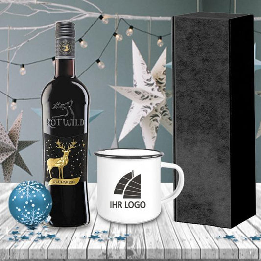Glühwein-Geschenk-Set mit Emailletasse und Fotodruck deines Logos / Designs