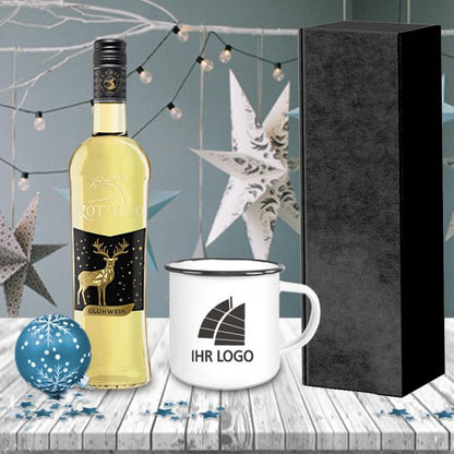 Glühwein-Geschenk-Set mit Emailletasse und Fotodruck deines Logos / Designs
