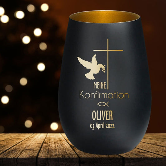 Windlicht Konfirmation | Kommunion | Firmung mit Taube, Kreuz und Fisch und persönlicher Gravur